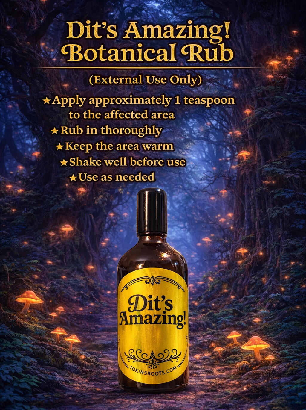 TokinsRoots Herbal Remedies – Dit's Amazing, Mullein, Lion's Mane Tokin's Soothing Cough & Cold Photo of three TokinsRoots herbal wellness products: Dit's Amazing Botanical Rub, Mullein Extract, and Lion's Mane Tincture displayed on a table.