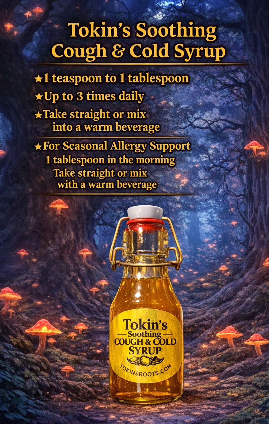 TokinsRoots Herbal Remedies – Dit's Amazing, Mullein, Lion's Mane Tokin's Soothing Cough & Cold Photo of three TokinsRoots herbal wellness products: Dit's Amazing Botanical Rub, Mullein Extract, and Lion's Mane Tincture displayed on a table.