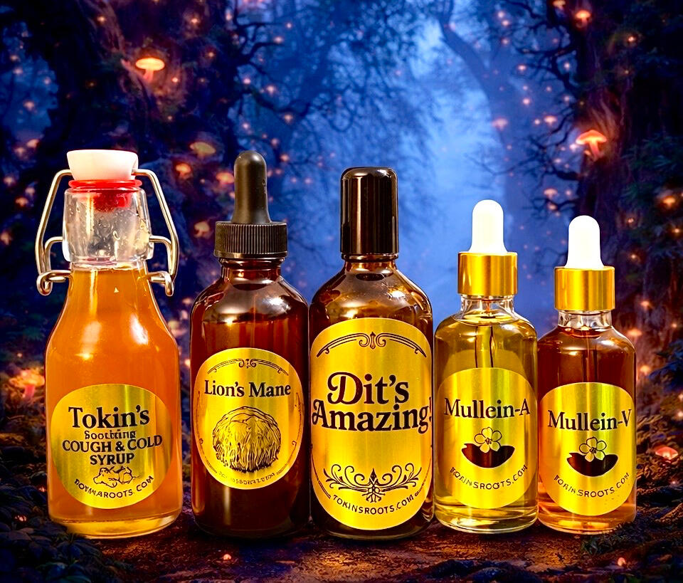 TokinsRoots Herbal Remedies – Dit's Amazing, Mullein, Lion's Mane Tokin's Soothing Cough & Cold Photo of three TokinsRoots herbal wellness products: Dit's Amazing Botanical Rub, Mullein Extract, and Lion's Mane Tincture displayed on a table.